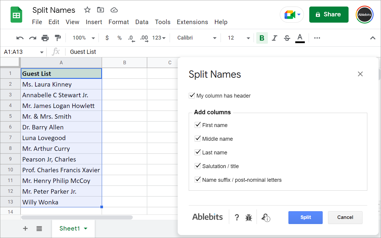 Split Names - Google Workspace Marketplace